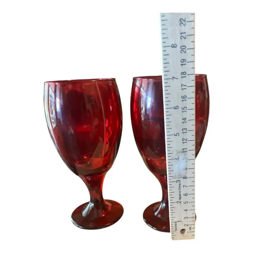 Vintage Ruby Red Glass Water Goblet Wine Glass Stemware Set of 2